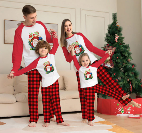 Ensemble de vêtements de Noël parent-enfant T-shirt à manches longues Pantalon à carreaux Pyjama assorti pour la famille